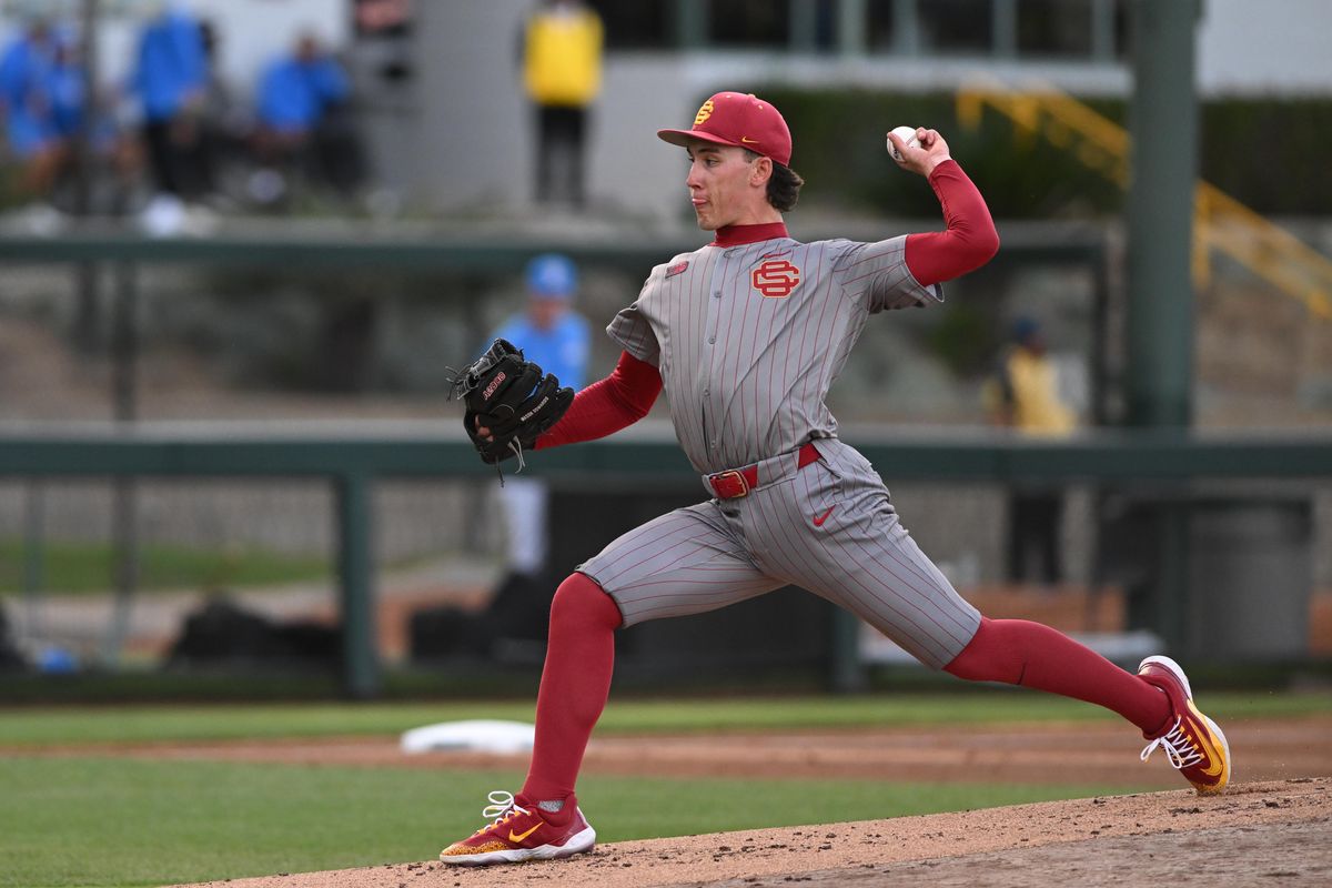 USC Trojans pitcher Mason Edwards (30) throws a pitch during an NCAA baseball game between University of Southern California and University of California Los Angeles on Friday, April 3, 2026 at Jackie Robinson Stadium in Los Angeles Calif USC Trojans pitcher Mason Edwards (30) throws a pitch during an NCAA baseball game between University of Southern California and University of California Los Angeles on Friday, April 3, 2026 at Jackie Robinson Stadium in Los Angeles Calif