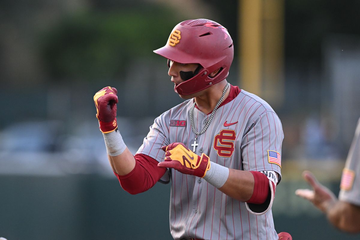 USC Trojans infielder Adrian Lopez (5) reacts after making a base it during an NCAA baseball game between University of Southern California and University of California Los Angeles on Friday, April 3, 2026 at Jackie Robinson Stadium in Los Angeles Calif USC Trojans infielder Adrian Lopez (5) reacts after making a base it during an NCAA baseball game between University of Southern California and University of California Los Angeles on Friday, April 3, 2026 at Jackie Robinson Stadium in Los Angeles Calif