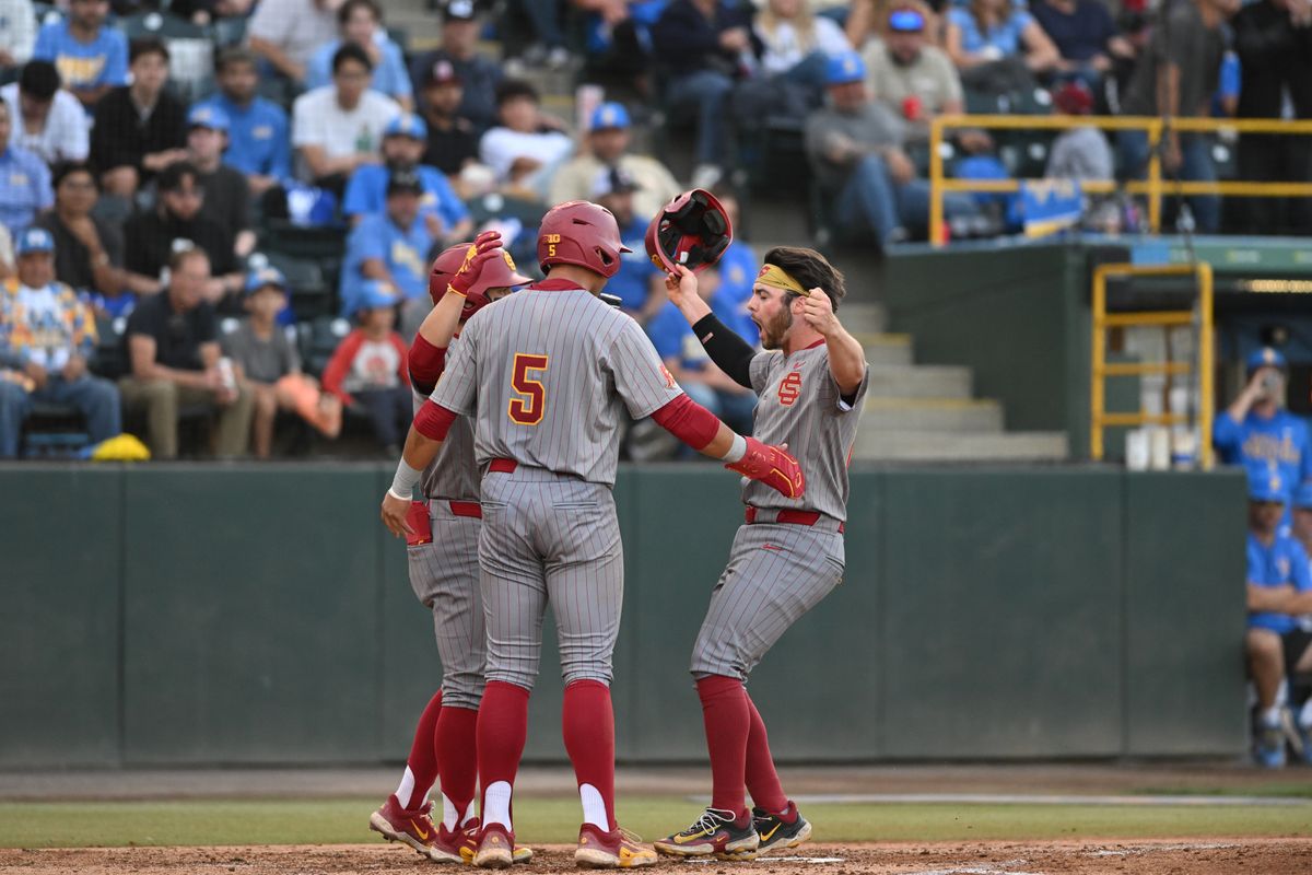 USC Trojans first base Andrew Lamb (28) celebrates after hitting a homerun during an NCAA baseball game between University of Southern California and University of California Los Angeles on Friday, April 3, 2026 at Jackie Robinson Stadium in Los Angeles Calif USC Trojans first base Andrew Lamb (28) celebrates after hitting a homerun during an NCAA baseball game between University of Southern California and University of California Los Angeles on Friday, April 3, 2026 at Jackie Robinson Stadium in Los Angeles Calif