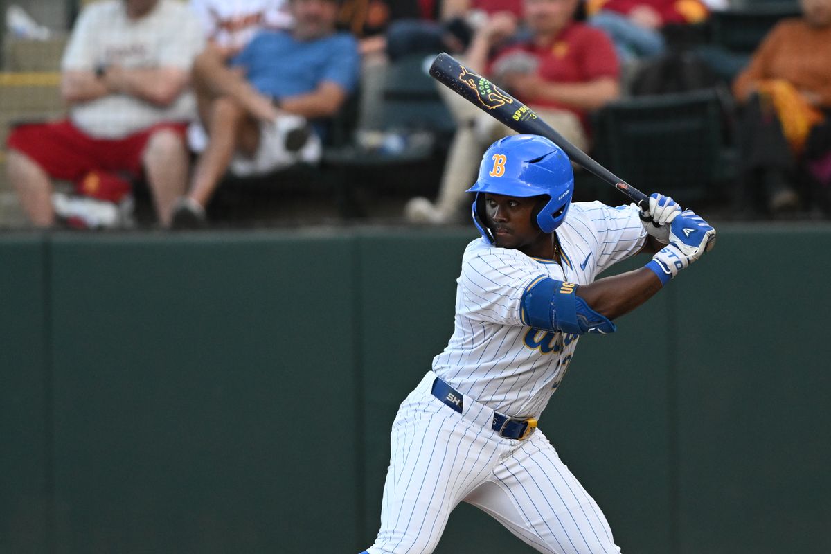 UCLA Bruins outfielder Dean West (36) sets up at bat during an NCAA baseball game between University of Southern California and University of California Los Angeles on Friday, April 3, 2026 at Jackie Robinson Stadium in Los Angeles Calif