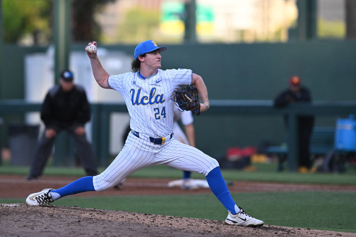 UCLA Bruins pitcher Logan Reddemann (24) throws a pitch during an NCAA baseball game between University of Southern California and University of California Los Angeles on Friday, April 3, 2026 at Jackie Robinson Stadium in Los Angeles Calif UCLA Bruins pitcher Logan Reddemann (24) throws a pitch during an NCAA baseball game between University of Southern California and University of California Los Angeles on Friday, April 3, 2026 at Jackie Robinson Stadium in Los Angeles Calif