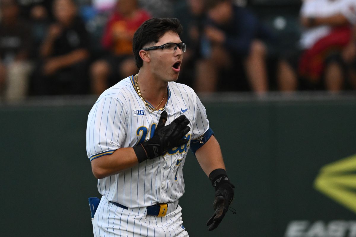 UCLA Bruins infielder Roman Martin (7) reacts after hitting a homerun during an NCAA baseball game between University of Southern California and University of California Los Angeles on Friday, April 3, 2026 at Jackie Robinson Stadium in Los Angeles Calif UCLA Bruins infielder Roman Martin (7) reacts after hitting a homerun during an NCAA baseball game between University of Southern California and University of California Los Angeles on Friday, April 3, 2026 at Jackie Robinson Stadium in Los Angeles Calif