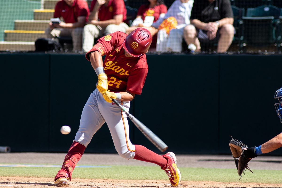 USC Catcher, Augie Lopez (5) at bat during an NCAA baseball against UCLA on April 4th, 2026 at Jackie Robinson Stadium in Los Angeles, CA.