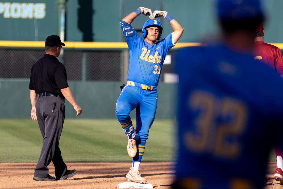 UCLA infielder, Mulivai Levu (39) celebrates on second base after hitting a double during an NCAA baseball game against USC on April 4th, 2026 at Jackie Robinson Stadium in Los Angeles, CA.