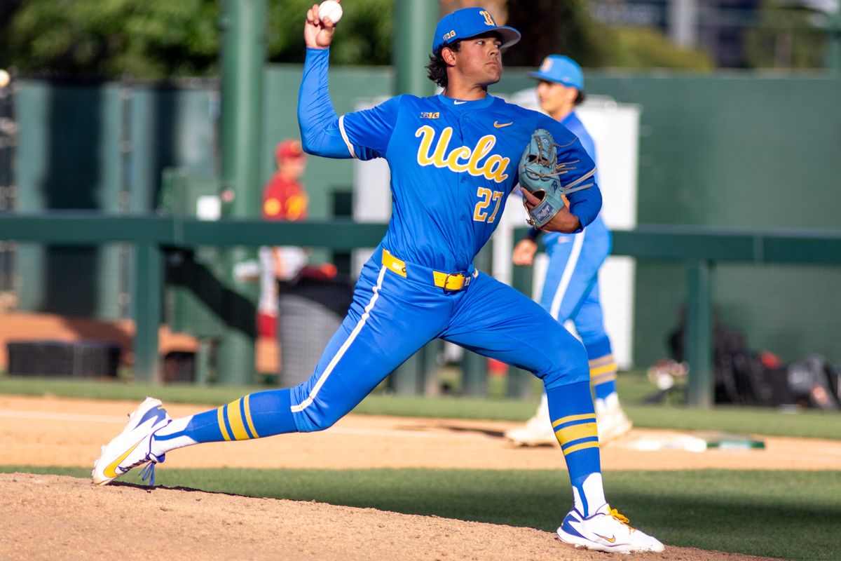 UCLA Right Handed Pitcher, Easton Hawk (27) delivers a pitch during an NCAA baseball game against USC on April 4th, 2026 at Jackie Robinson Stadium in Los Angeles, CA.