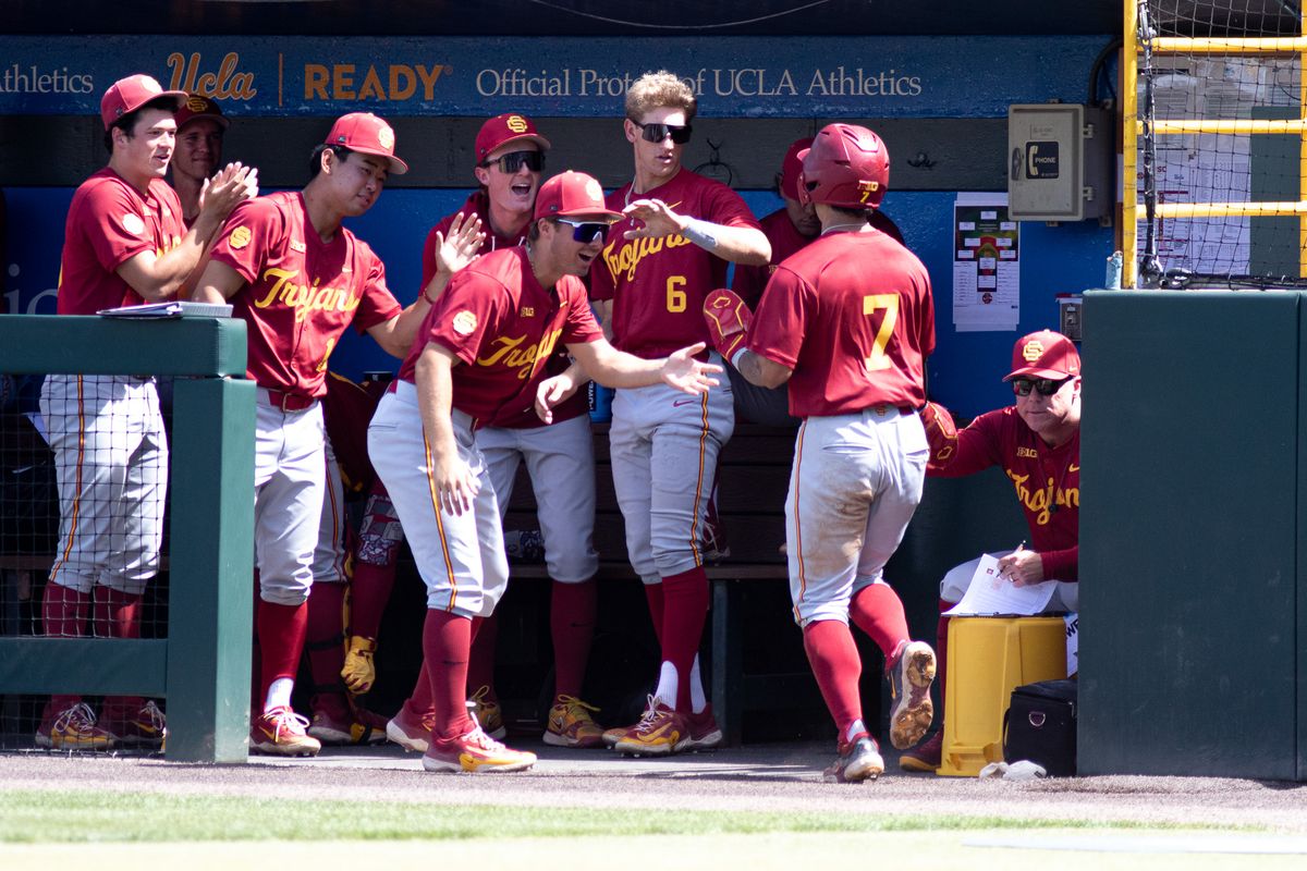 USC infielder, Abbrie Covarrubias (7) celebrates after scoring during an NCAA baseball against UCLA on April 4th, 2026 at Jackie Robinson Stadium in Los Angeles, CA.