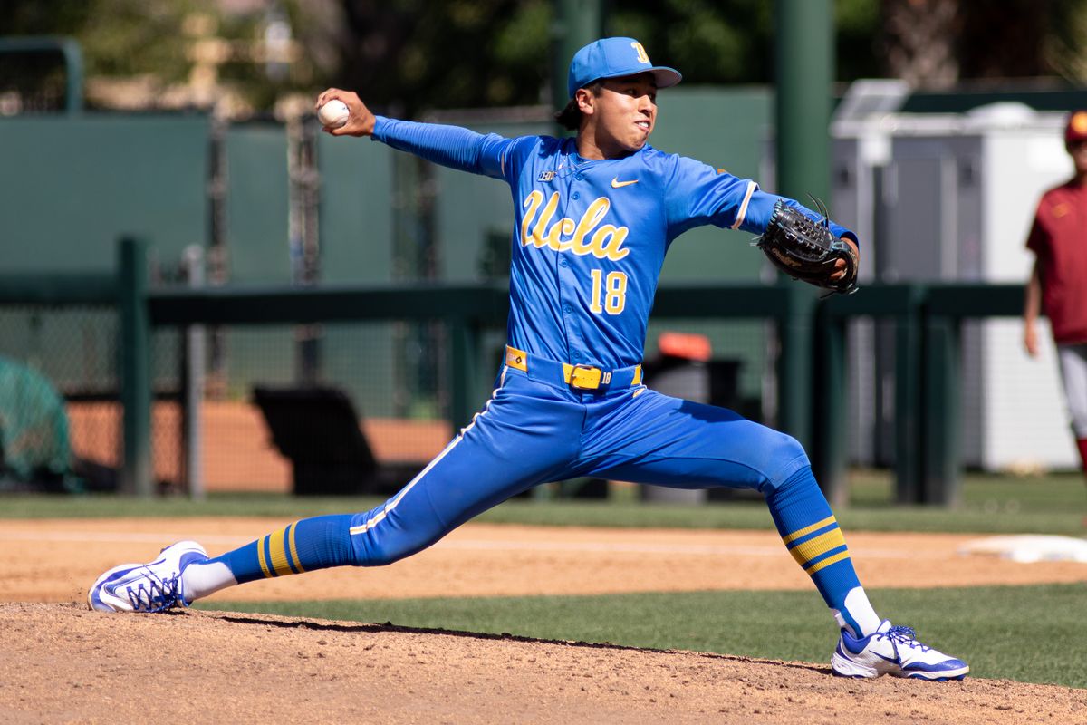 UCLA Right Handed Pitcher, Wylan Moss (18) pitching during an NCAA baseball game against USC on April 4th, 2026 at Jackie Robinson Stadium in Los Angeles, CA.