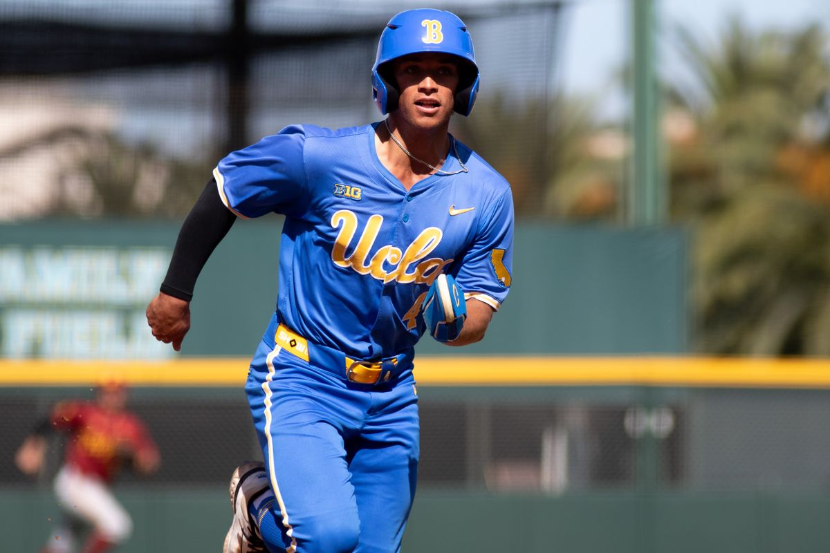 UCLA infielder, Pheonix Call (4) at bat, runs to third during an NCAA baseball game against USC on April 4th, 2026 at Jackie Robinson Stadium in Los Angeles, CA.