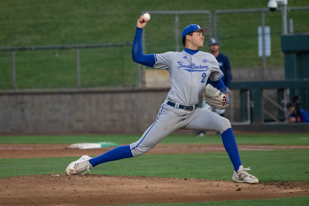UCSB junior starting pitcher Jackson Flora (2) delivers a pitch in a NCAA baseball game between the UCSB Gauchos and UCI Anteaters on Friday, April 17, 2026 at Cicerone Field in Irvine, CA. UCSB junior starting pitcher Jackson Flora (2) delivers a pitch in a NCAA baseball game between the UCSB Gauchos and UCI Anteaters on Friday, April 17, 2026 at Cicerone Field in Irvine, CA.