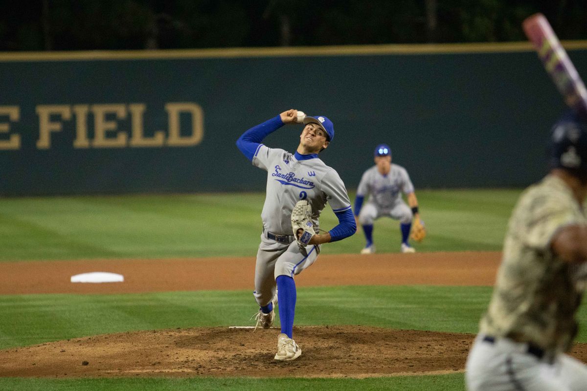 UCSB junior starting pitcher Jackson Flora (2) delivers a pitch against a UCI batter in a NCAA baseball game between the UCSB Gauchos and UCI Anteaters on Friday, April 17, 2026 at Cicerone Field in Irvine, CA. UCSB junior starting pitcher Jackson Flora (2) delivers a pitch against a UCI batter in a NCAA baseball game between the UCSB Gauchos and UCI Anteaters on Friday, April 17, 2026 at Cicerone Field in Irvine, CA.
