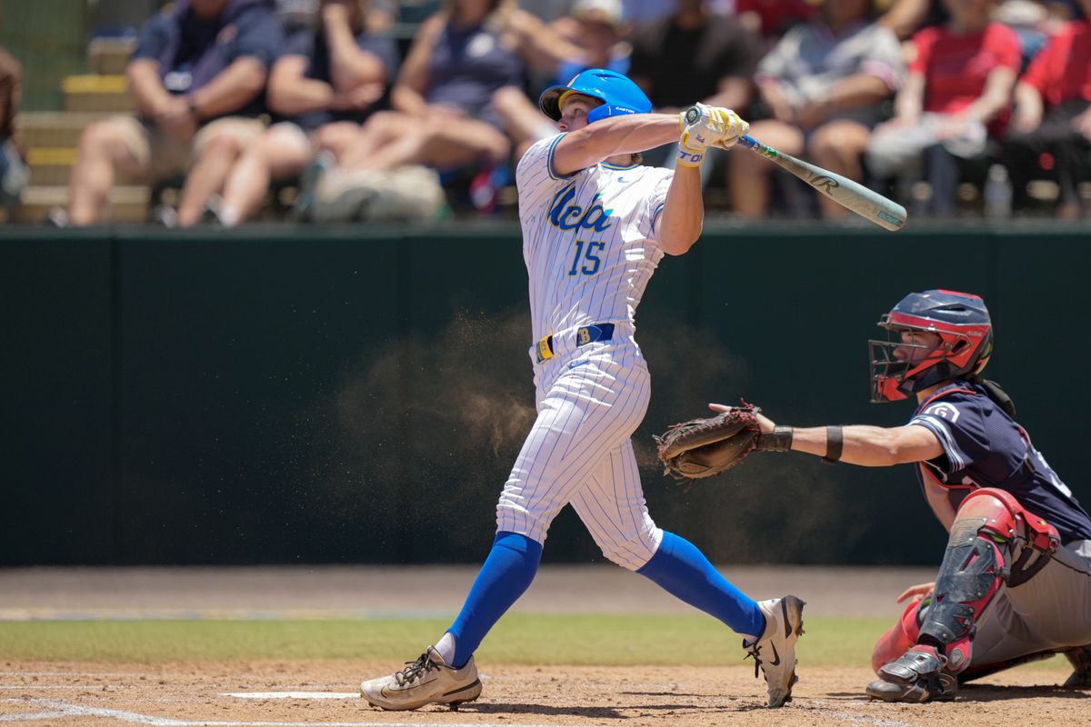 UCLA outfielder Jarrod Hocking (15) fouling out at bat during a NCAA baseball game against Saint Mary’s on May 29, 2026 at Jackie Robinson Stadium in Los Angeles, CA. UCLA outfielder Jarrod Hocking (15) fouling out at bat during a NCAA baseball game against Saint Mary’s on May 29, 2026 at Jackie Robinson Stadium in Los Angeles, CA.