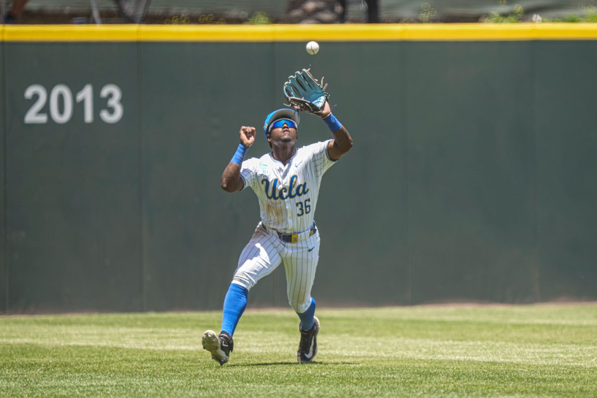 UCLA outfielder Dean West (36) catching a pop fly during a NCAA baseball game against Saint Mary’s on May 29, 2026 at Jackie Robinson Stadium in Los Angeles, CA. UCLA outfielder Dean West (36) catching a pop fly during a NCAA baseball game against Saint Mary’s on May 29, 2026 at Jackie Robinson Stadium in Los Angeles, CA.
