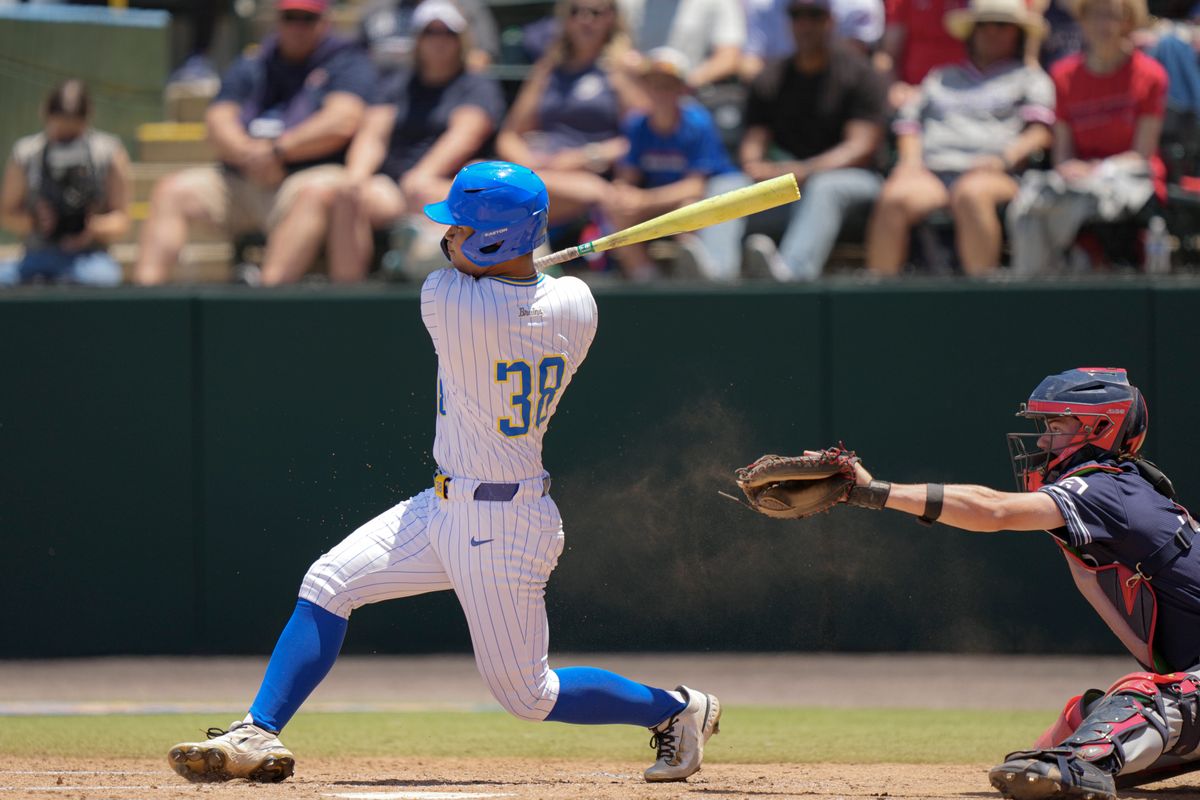 UCLA outfielder Trey Godoy (38) hitting a double during a NCAA baseball game against Saint Mary’s on May 29, 2026 at Jackie Robinson Stadium in Los Angeles, CA. UCLA outfielder Trey Godoy (38) hitting a double during a NCAA baseball game against Saint Mary’s on May 29, 2026 at Jackie Robinson Stadium in Los Angeles, CA.