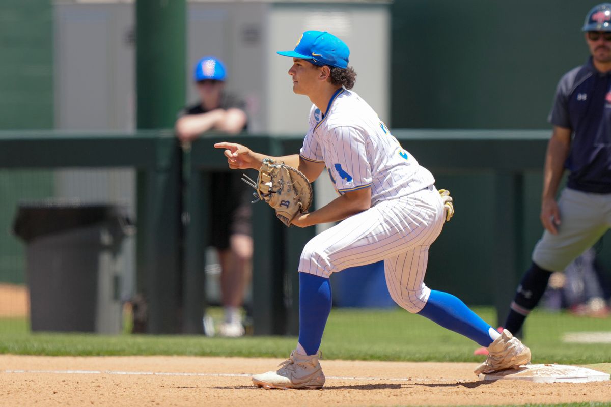 UCLA infielder Mulivai Levu (39) celebrating an out at first base during a NCAA baseball game against Saint Mary’s on May 29, 2026 at Jackie Robinson Stadium in Los Angeles, CA. UCLA infielder Mulivai Levu (39) celebrating an out at first base during a NCAA baseball game against Saint Mary’s on May 29, 2026 at Jackie Robinson Stadium in Los Angeles, CA.