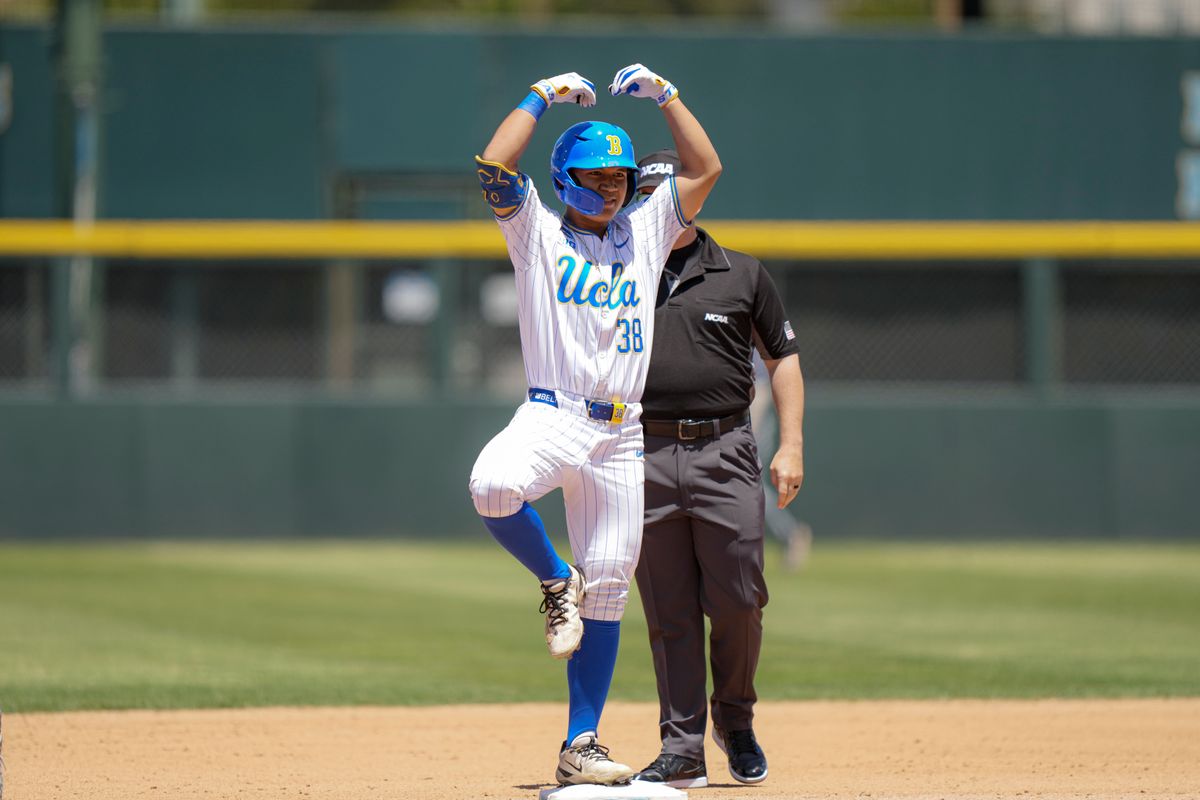 UCLA outfielder Trey Gudoy (38) celebrating a double during a NCAA baseball game against Saint Mary’s on May 29, 2026 at Jackie Robinson Stadium in Los Angeles, CA. UCLA outfielder Trey Gudoy (38) celebrating a double during a NCAA baseball game against Saint Mary’s on May 29, 2026 at Jackie Robinson Stadium in Los Angeles, CA.