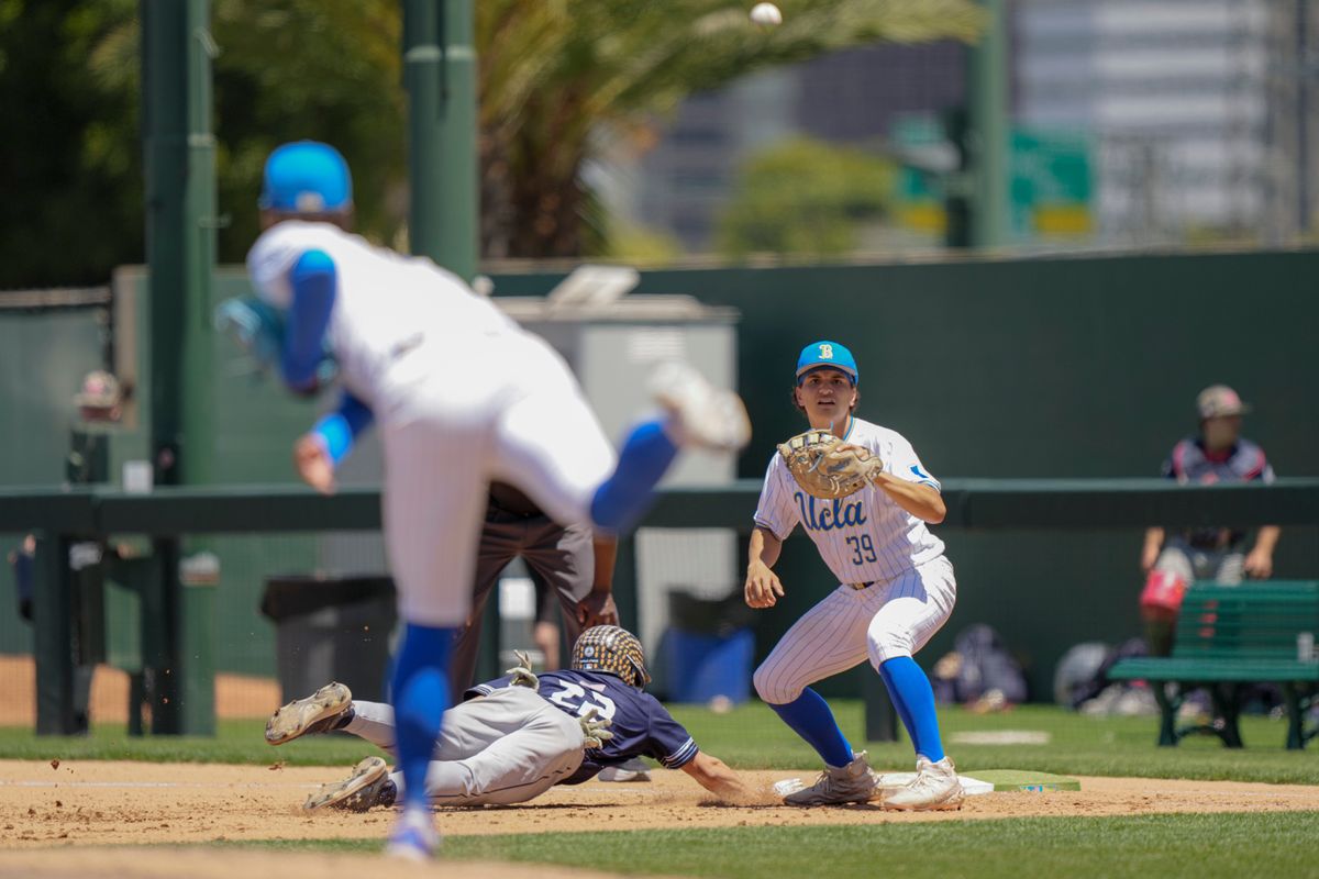 UCLA infielder Mulivai Levu (39) fielding a throw to first during a NCAA baseball game against Saint Mary’s on May 29, 2026 at Jackie Robinson Stadium in Los Angeles, CA. UCLA infielder Mulivai Levu (39) fielding a throw to first during a NCAA baseball game against Saint Mary’s on May 29, 2026 at Jackie Robinson Stadium in Los Angeles, CA.