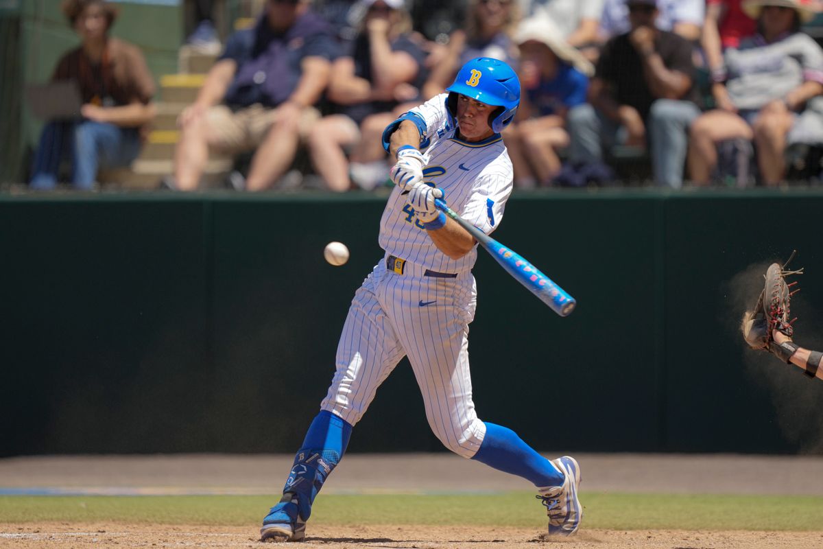 UCLA catcher Cashel Dugger (40) hitting a ground ball during a NCAA baseball game against Saint Mary’s on May 29, 2026 at Jackie Robinson Stadium in Los Angeles, CA. UCLA catcher Cashel Dugger (40) hitting a ground ball during a NCAA baseball game against Saint Mary’s on May 29, 2026 at Jackie Robinson Stadium in Los Angeles, CA.