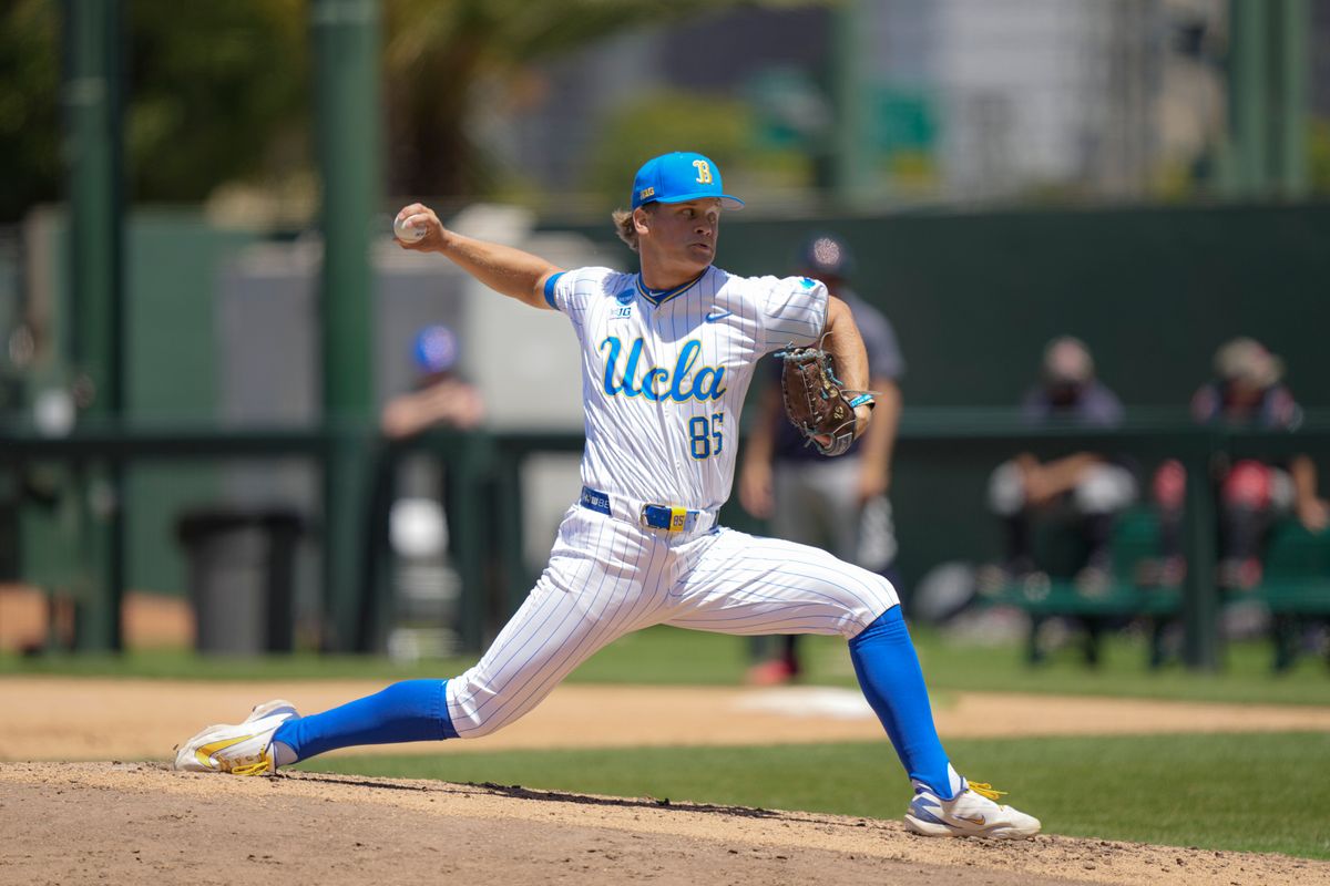 UCLA pitcher Cal Randall (85) pitching during a NCAA baseball game against Saint Mary’s on May 29, 2026 at Jackie Robinson Stadium in Los Angeles, CA. UCLA pitcher Cal Randall (85) pitching during a NCAA baseball game against Saint Mary’s on May 29, 2026 at Jackie Robinson Stadium in Los Angeles, CA.