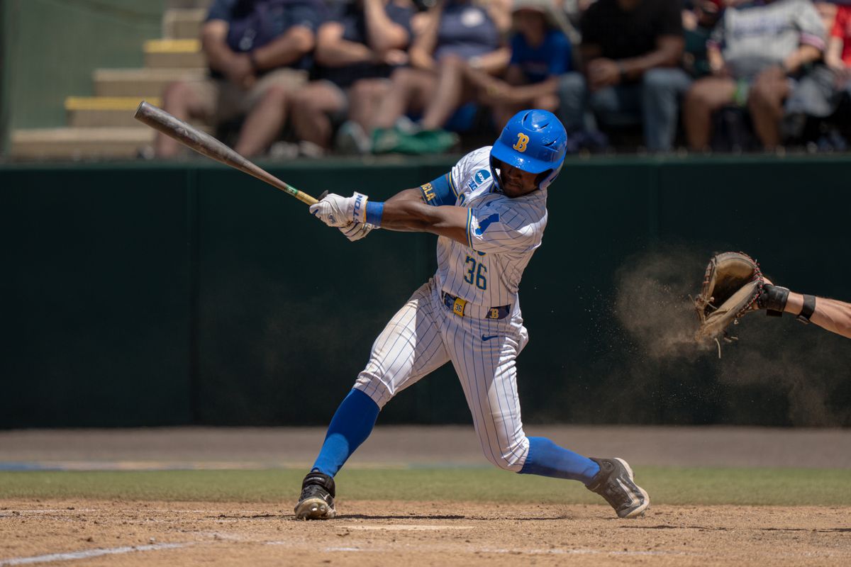 UCLA outfielder Dean West (36) hitting a foul during a NCAA baseball game against Saint Mary’s on May 29, 2026 at Jackie Robinson Stadium in Los Angeles, CA. UCLA outfielder Dean West (36) hitting a foul during a NCAA baseball game against Saint Mary’s on May 29, 2026 at Jackie Robinson Stadium in Los Angeles, CA.