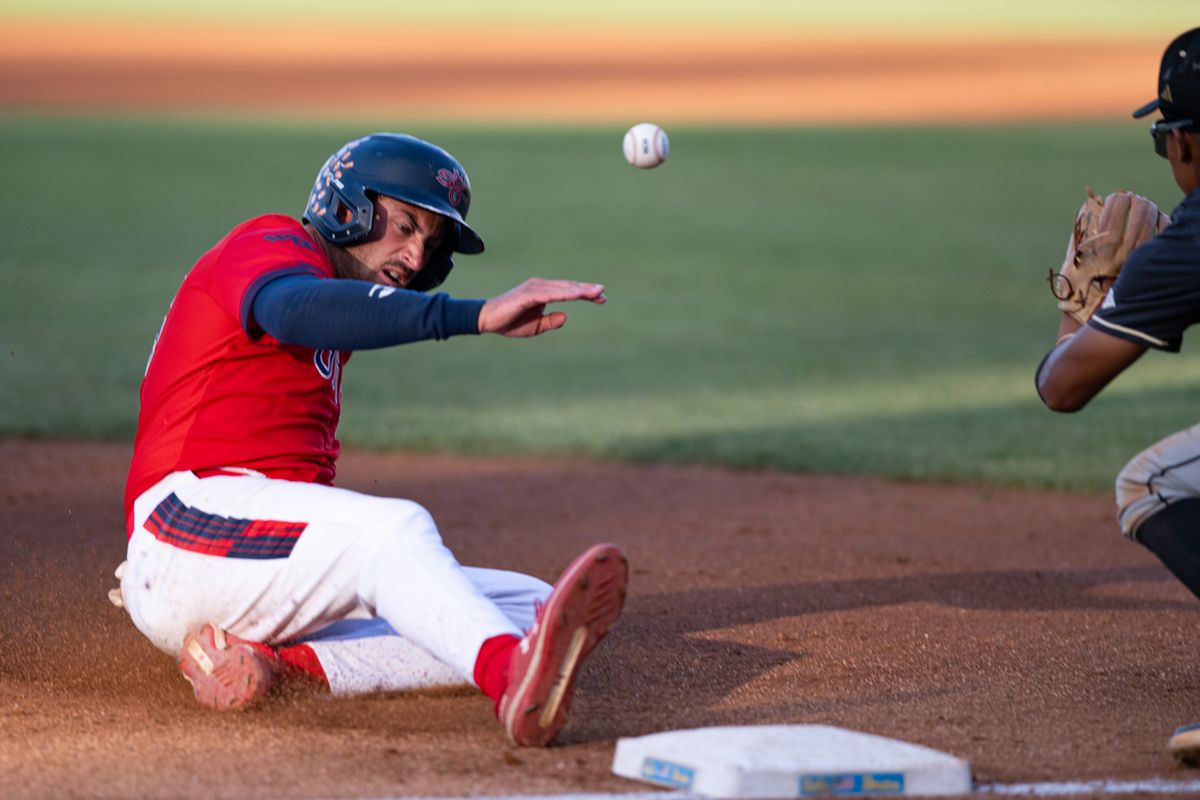 Saint Mary's College infielder Jared Mettam (45) slides into third base during an NCAA regional championship elimination game between the Saint Mary's College Gaels and Cal Poly Mustangs on May 31, 2026 at Jackie Robinson Stadium in Los Angeles Calif.