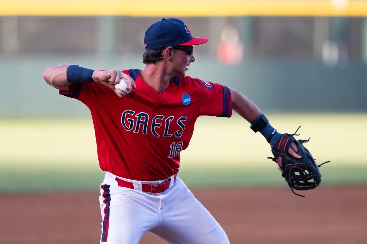 Saint Mary's College infielder Ian Josephson (18) throws the ball during an NCAA regional championship elimination game between the Saint Mary's College Gaels and Cal Poly Mustangs on May 31, 2026 at Jackie Robinson Stadium in Los Angeles Calif.