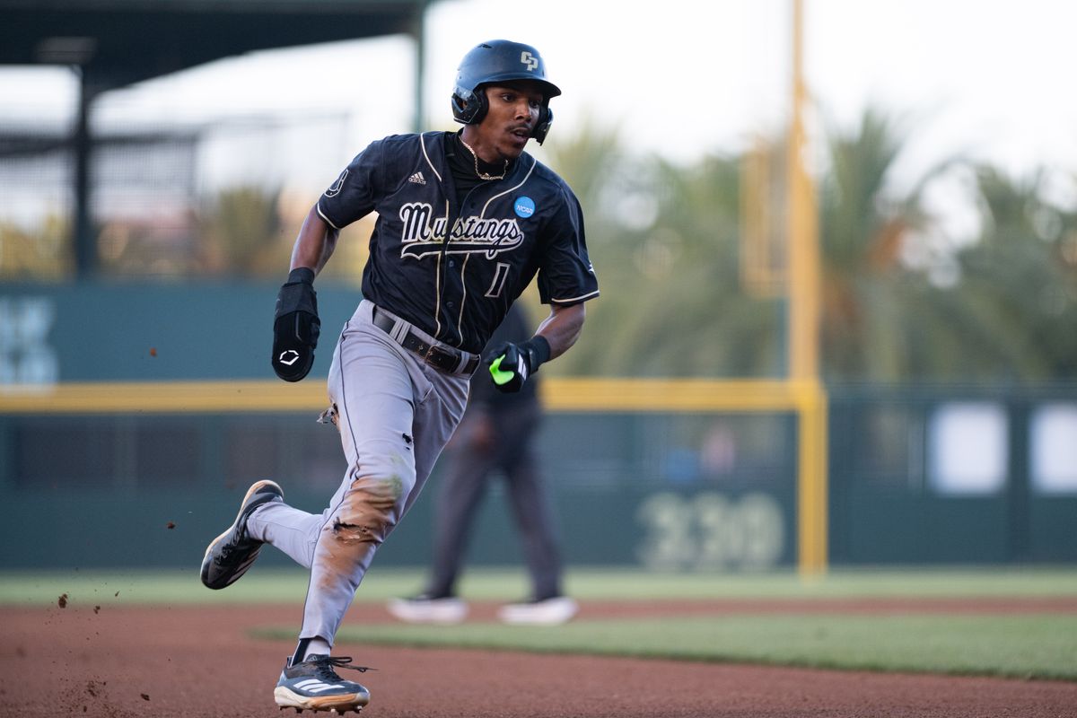 Cal Poly Mustangs outfielder Casey Murray Jr (1) runs to third base during an NCAA regional championship elimination game between the Saint Mary's College Gaels and Cal Poly Mustangs on May 31, 2026 at Jackie Robinson Stadium in Los Angeles Calif.