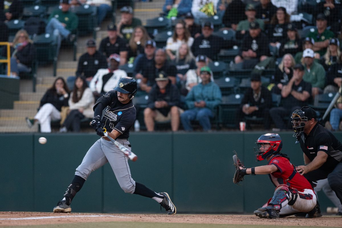 Cal Poly Mustangs outfielder Dylan Kordic (4) swings and makes contact during an NCAA regional championship elimination game between the Saint Mary's College Gaels and Cal Poly Mustangs on May 31, 2026 at Jackie Robinson Stadium in Los Angeles Calif.