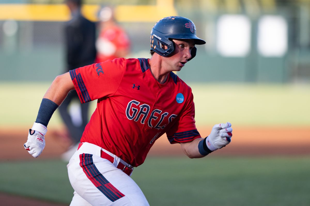 Saint Mary's College infielder Dario Freschi (8) runs during an NCAA regional championship elimination game between the Saint Mary's College Gaels and Cal Poly Mustangs on May 31, 2026 at Jackie Robinson Stadium in Los Angeles Calif.