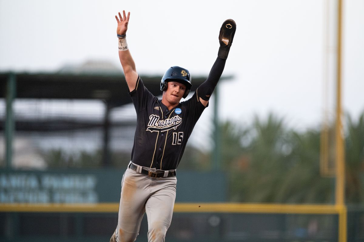 Cal Poly Mustangs outfielder Cam Holland (15) celebrates after a homerun during an NCAA regional championship elimination game between the Saint Mary's College Gaels and Cal Poly Mustangs on May 31, 2026 at Jackie Robinson Stadium in Los Angeles Calif.