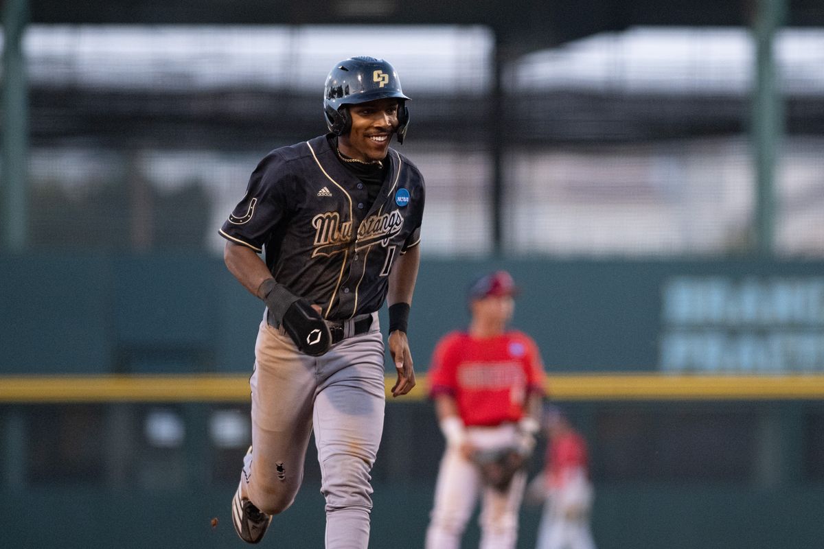 Cal Poly Mustangs outfielder Casey Murray Jr (1) smiles after a homerun during an NCAA regional championship elimination game between the Saint Mary's College Gaels and Cal Poly Mustangs on May 31, 2026 at Jackie Robinson Stadium in Los Angeles Calif.