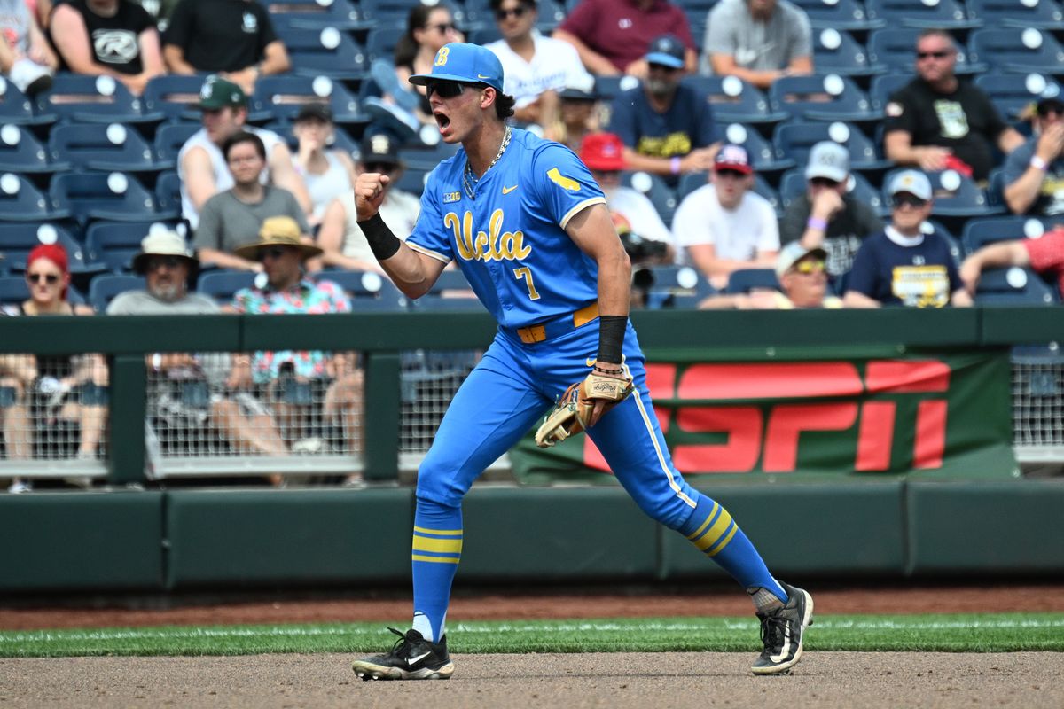 UCLA Bruins third baseman Roman Martin (7) reacts to a strike out call against the Murray State Racers during the ninth inning at Charles Schwab Field. 