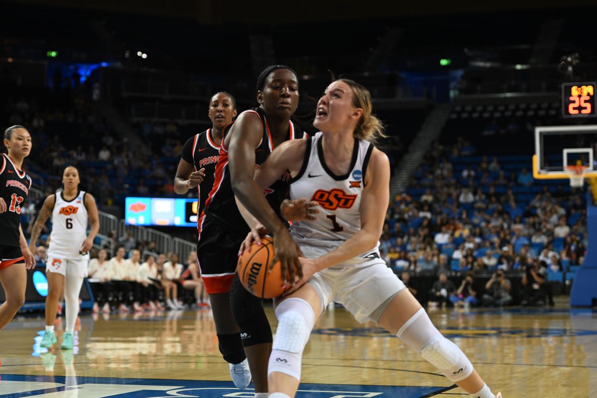 Oklahoma State guard Amari Whiting #1 drives to the basket during an NCAA Women's Basketball game between Oklahoma State and Princeton on Saturday, March 21, 2026 at Pauley Pavilion in Los Angeles Calif