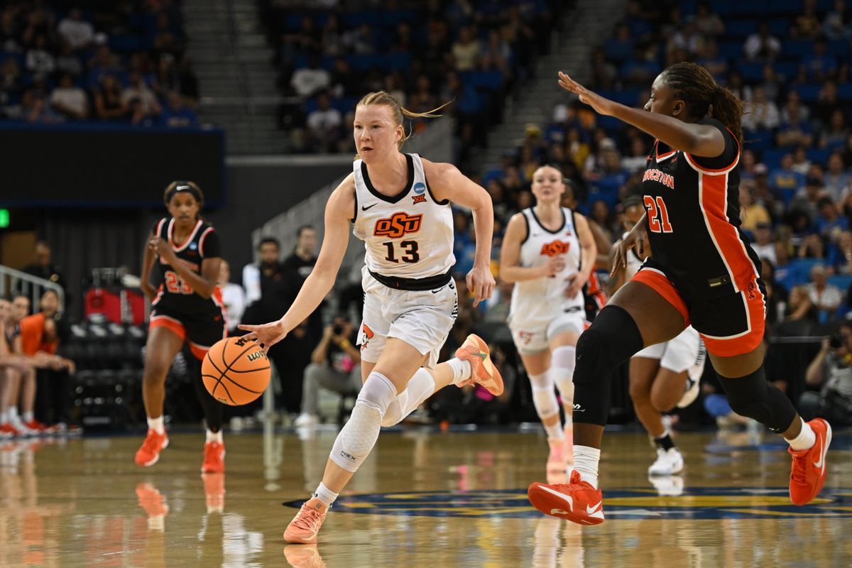 Oklahoma State guard Haleigh Trimmer #13 runs the ball downcourt on a fast break during an NCAA Women's Basketball game between Oklahoma State and Princeton on Saturday, March 21, 2026 at Pauley Pavilion in Los Angeles Calif