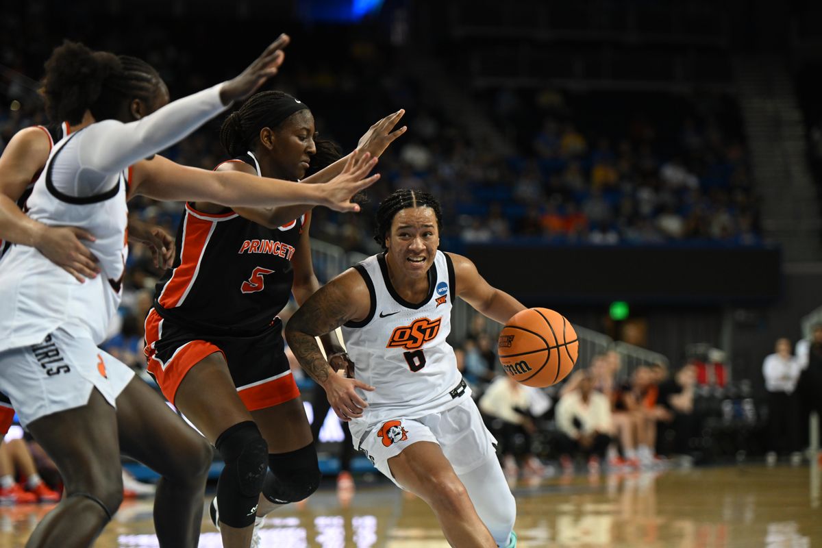 Oklahoma State guard Jaydn Wooten #8 drives to the basket during an NCAA Women's Basketball game between Oklahoma State and Princeton on Saturday, March 21, 2026 at Pauley Pavilion in Los Angeles Calif