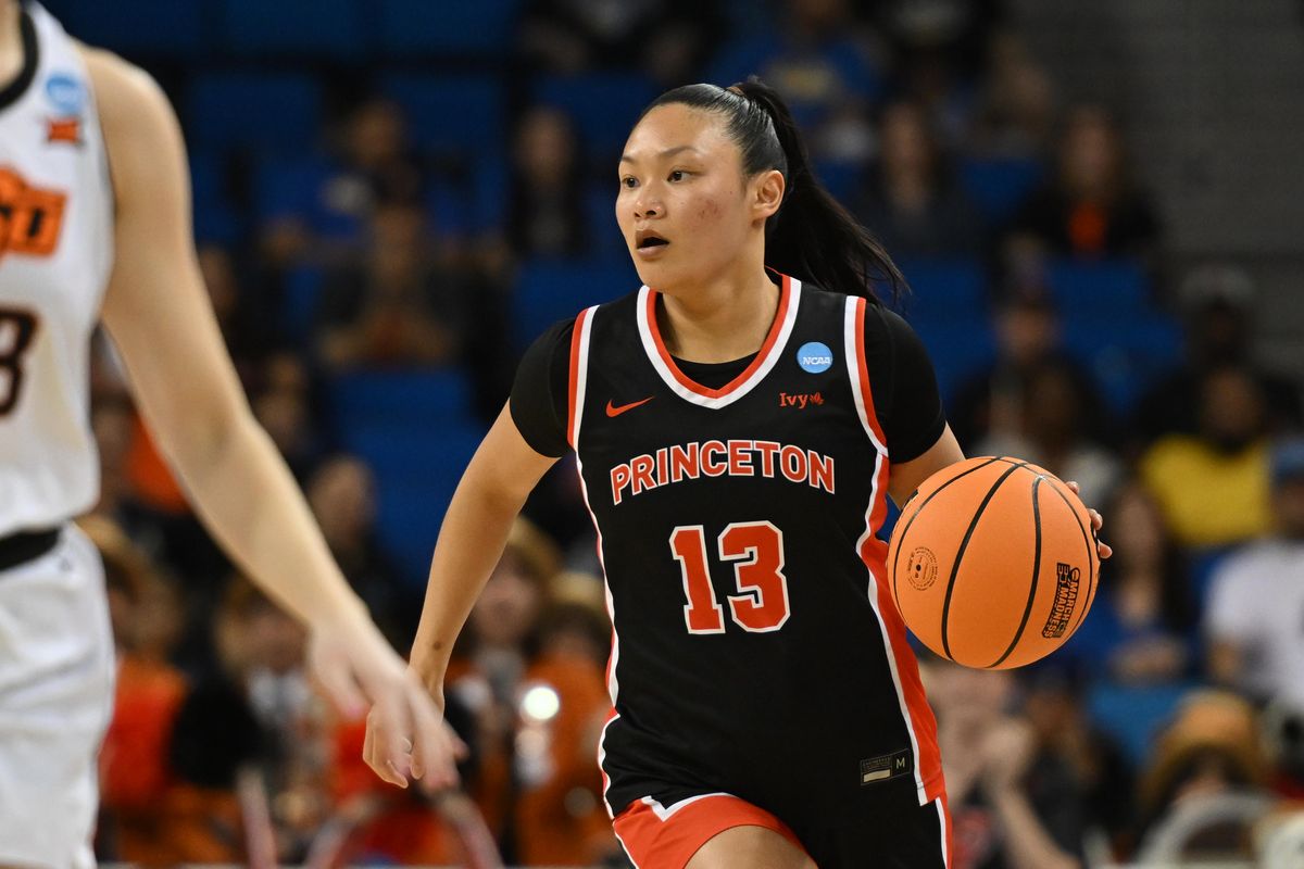 Princeton guard Ashle Chea #13 brings the ball downcourt during an NCAA Women's Basketball game between Oklahoma State and Princeton on Saturday, March 21, 2026 at Pauley Pavilion in Los Angeles Calif