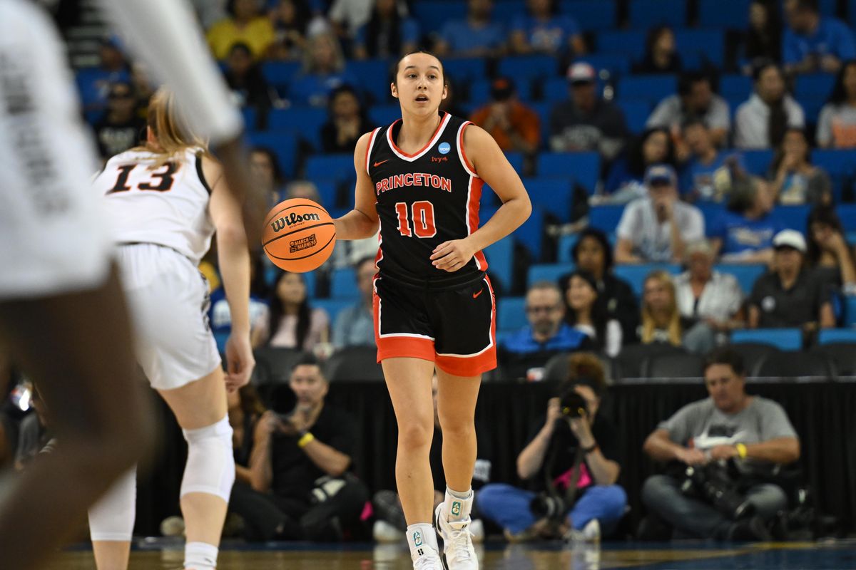 Princeton guard Skye Belker #10 brings the ball downcourt during an NCAA Women's Basketball game between Oklahoma State and Princeton on Saturday, March 21, 2026 at Pauley Pavilion in Los Angeles Calif