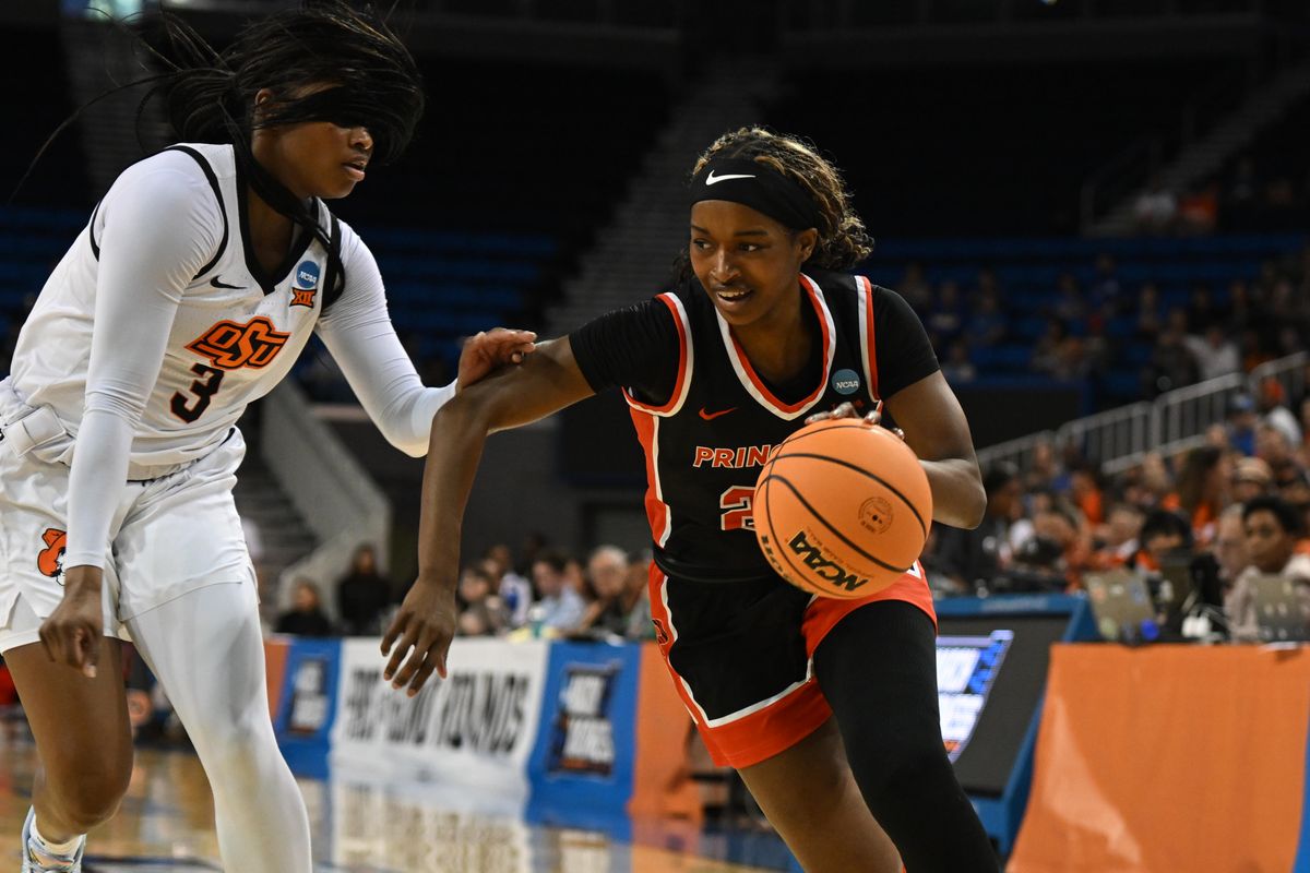 Princeton guard Toby Newke #21 drives to the basket during an NCAA Women's Basketball game between Oklahoma State and Princeton on Saturday, March 21, 2026 at Pauley Pavilion in Los Angeles Calif