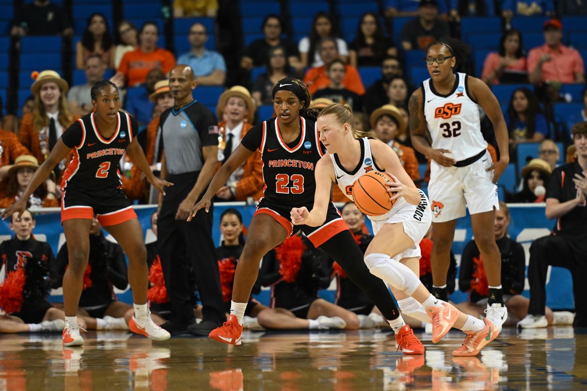 Oklahoma State guard Haleigh Trimmer #13 dribbles the ball to the basket during an NCAA Women's Basketball game between Oklahoma State and Princeton on Saturday, March 21, 2026 at Pauley Pavilion in Los Angeles Calif
