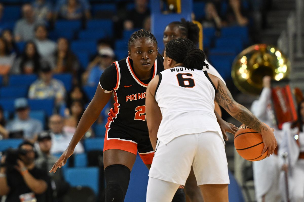 Princeton guard Madison St. Rose #23 plays defense during an NCAA Women's Basketball game between Oklahoma State and Princeton on Saturday, March 21, 2026 at Pauley Pavilion in Los Angeles Calif
