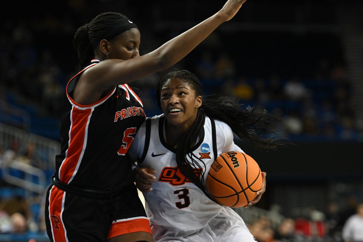 Oklahoma State forward Achol Akot #11 makes a move to the basket during an NCAA Women's Basketball game between Oklahoma State and Princeton on Saturday, March 21, 2026 at Pauley Pavilion in Los Angeles Calif
