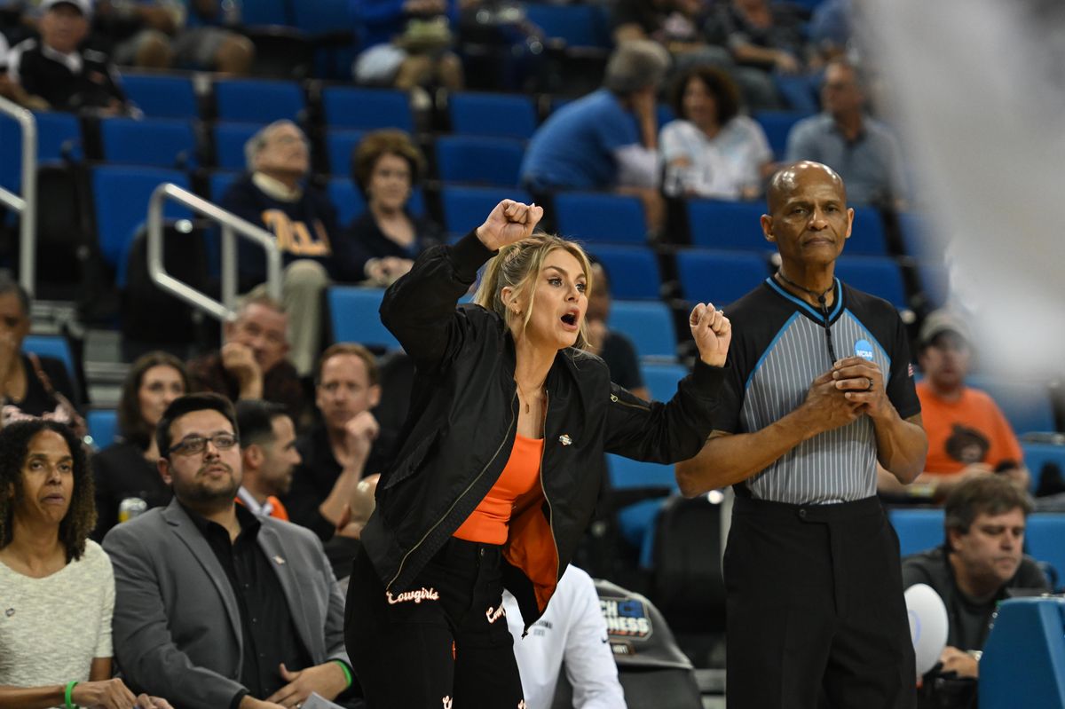 Princeton head coach Carla Berube gestures to her players during an NCAA Women's Basketball game between Oklahoma State and Princeton on Saturday, March 21, 2026 at Pauley Pavilion in Los Angeles Calif