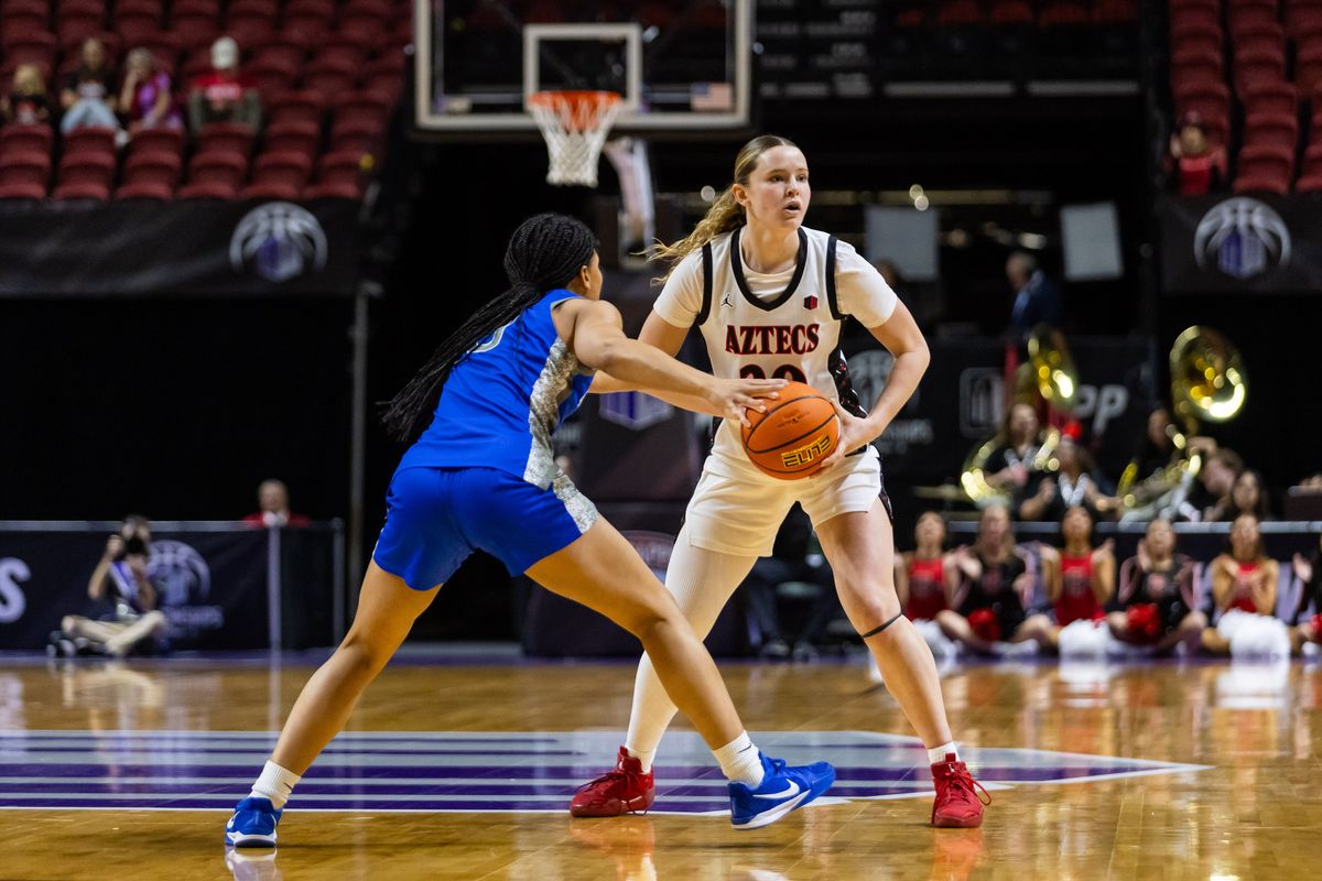 San Diego State Aztecs forward Bailey Barnhard (20) looks to pass the ball during a Mountain West Tournament quarterfinal game between the San Diego State Aztecs and the Air Force Falcons, Sunday March 8, 2026 in Las Vegas, Nev.