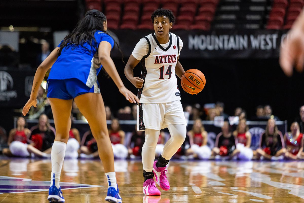 San Diego State Aztecs guard Nala Williams (14) dribbles the ball up the court during a Mountain West Tournament quarterfinal game between the San Diego State Aztecs and the Air Force Falcons, Sunday March 8, 2026 in Las Vegas, Nev.