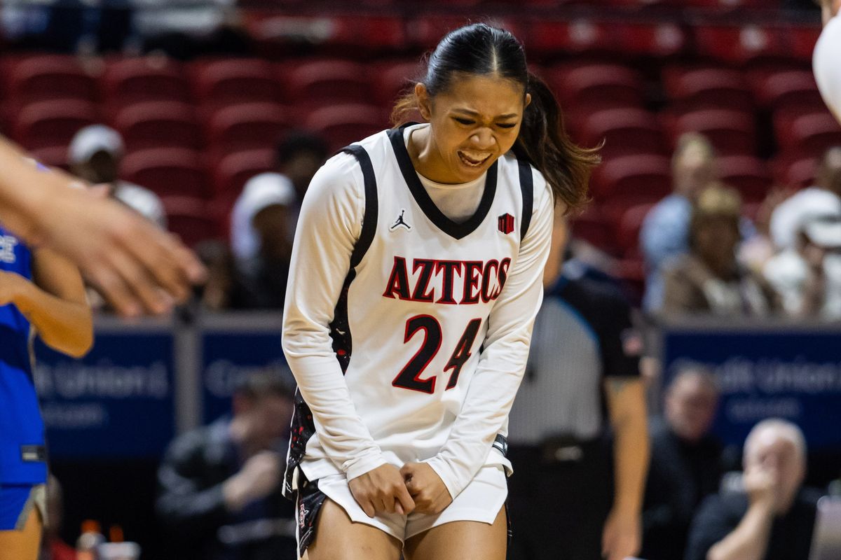 San Diego State Aztecs guard Naomi Panganiban (24) yells in celebration after an Aztec and-one basket during a Mountain West Tournament quarterfinal game between the San Diego State Aztecs and the Air Force Falcons, Sunday March 8, 2026 in Las Vegas, Nev.