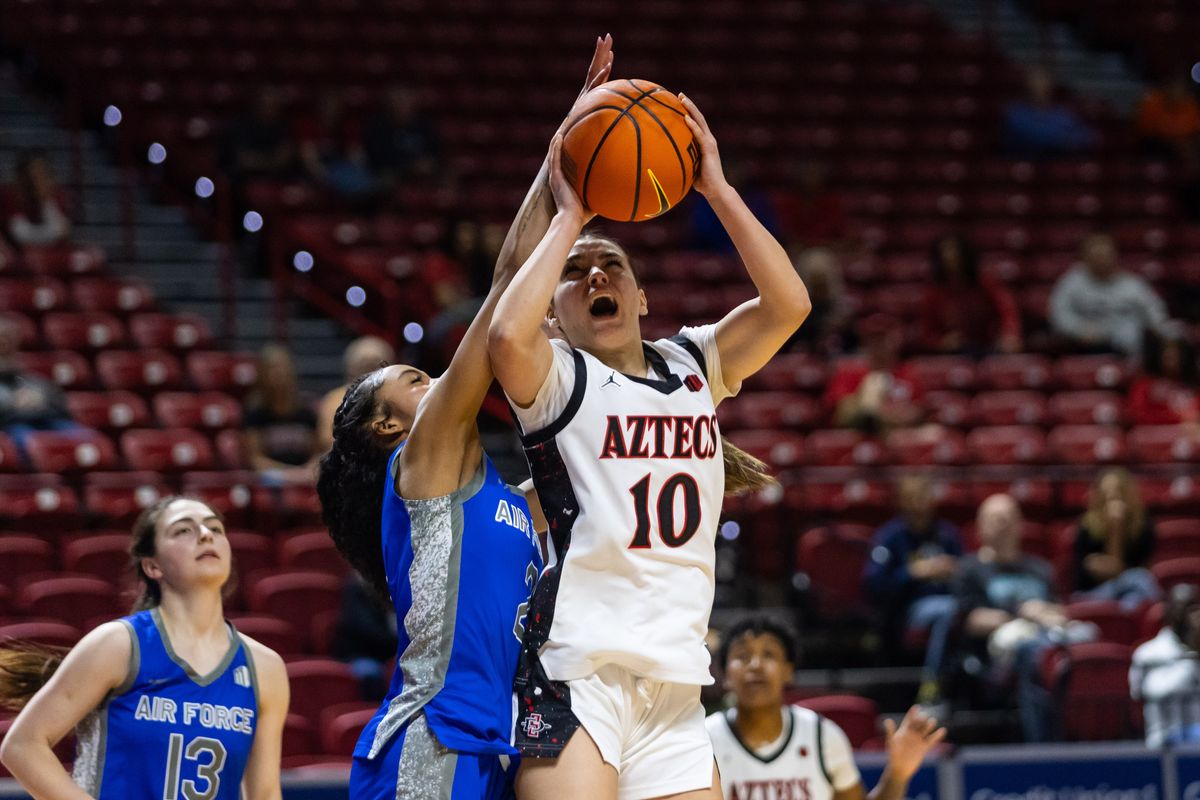 San Diego State Aztecs guard Nat Martinez (10) goes for a lay-up during a Mountain West Tournament quarterfinal game between the San Diego State Aztecs and the Air Force Falcons, Sunday March 8, 2026 in Las Vegas, Nev.
