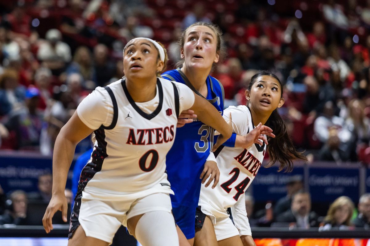 San Diego State Aztecs forward Kennedy Lee (0) boxes out Air Force Falcons forward Emily Adams (31) during a Mountain West Tournament quarterfinal game between the San Diego State Aztecs and the Air Force Falcons, Sunday March 8, 2026 in Las Vegas, Nev.
