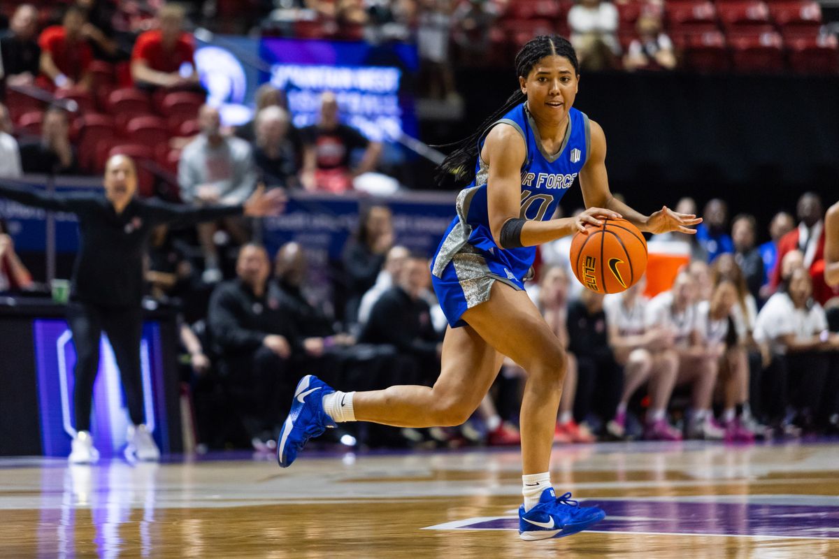 Air Force Falcons guard Jayda McNabb (10) dribbles the ball during a Mountain West Tournament quarterfinal game between the San Diego State Aztecs and the Air Force Falcons, Sunday March 8, 2026 in Las Vegas, Nev.