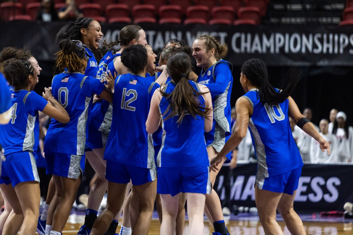 Air Force Falcons yell in celebration after defeating the number one seed San Diego State Aztecs in a Mountain West Tournament quarterfinal game between the San Diego State Aztecs and the Air Force Falcons, Sunday March 8, 2026 in Las Vegas, Nev.
