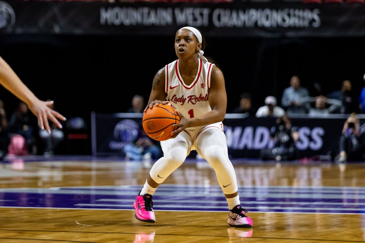 UNLV Lady Rebels guard Sydni Summers (1) looks to shoot a three-point shot during a Mountain West Tournament semifinal game between UNLV Lady Rebels and the Colorado State Rams, Monday March 9, 2026 in Las Vegas, Nev.