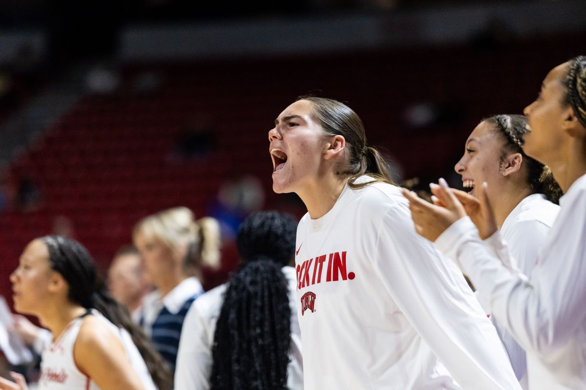 UNLV Lady Rebels center Erica Collins (31) yells in celebration after a Lady Rebels’ basket during a Mountain West Tournament semifinal game between UNLV Lady Rebels and the Colorado State Rams, Monday March 9, 2026 in Las Vegas, Nev.